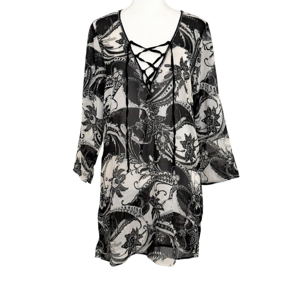 Tommy Bahama Black White V-Neck Sheer Floral Tunic Beach Swim Cover Up Dress XS